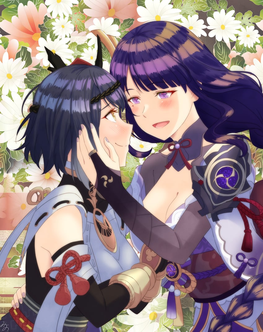 raiden shogun and kujou sara (genshin impact) drawn by blue_w_moon