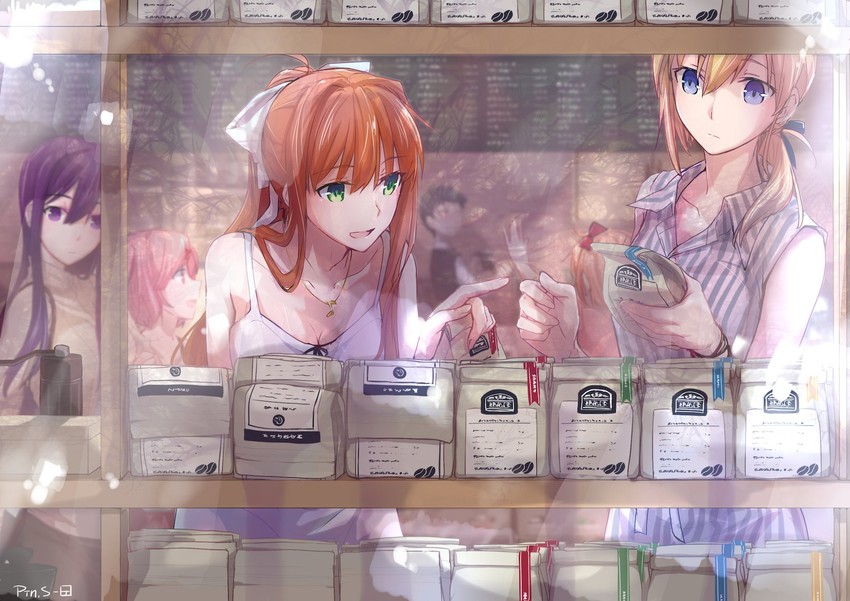 monika, natsuki, yuri, and sayori (doki doki literature club) drawn by pin.s