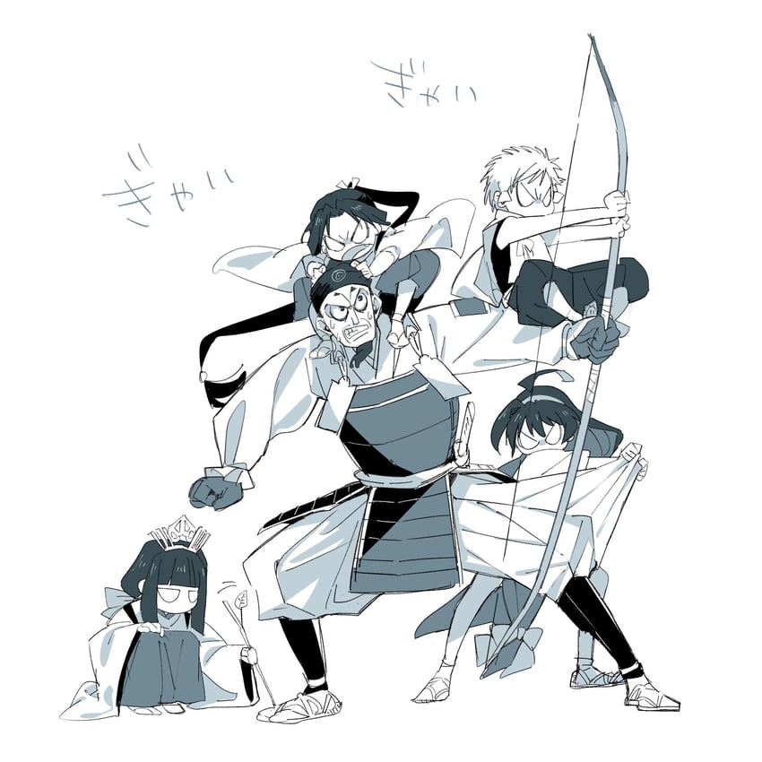 houjou tokiyuki, mochizuki ayako, shizuku, nezu kojirou, and ogasawara sadamune (nige jouzu no wakagimi) drawn by higacica