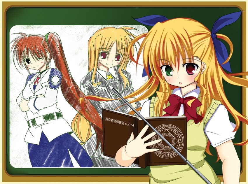 fate testarossa, takamachi nanoha, and vivio (lyrical nanoha and 1 more) drawn by pengin_(lyricalnanoha)