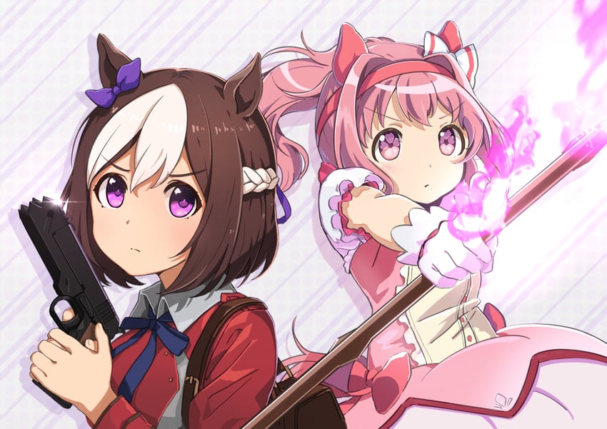 kaname madoka, nishikigi chisato, special week, and haru urara (umamusume and 2 more) drawn by moko39_takasora