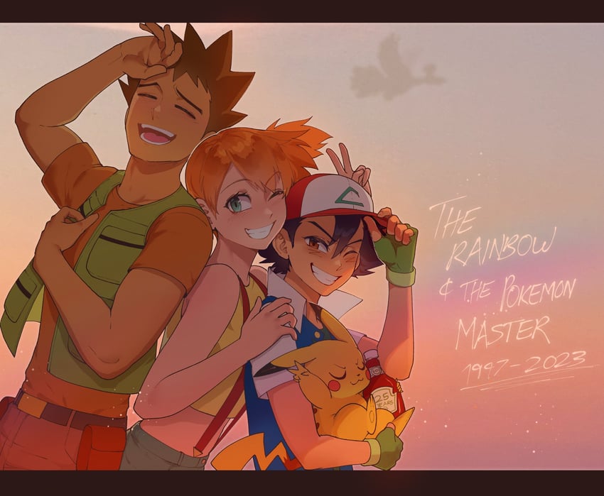 pikachu, ash ketchum, misty, ho-oh, and brock (pokemon and 1 more) drawn by nyantcha