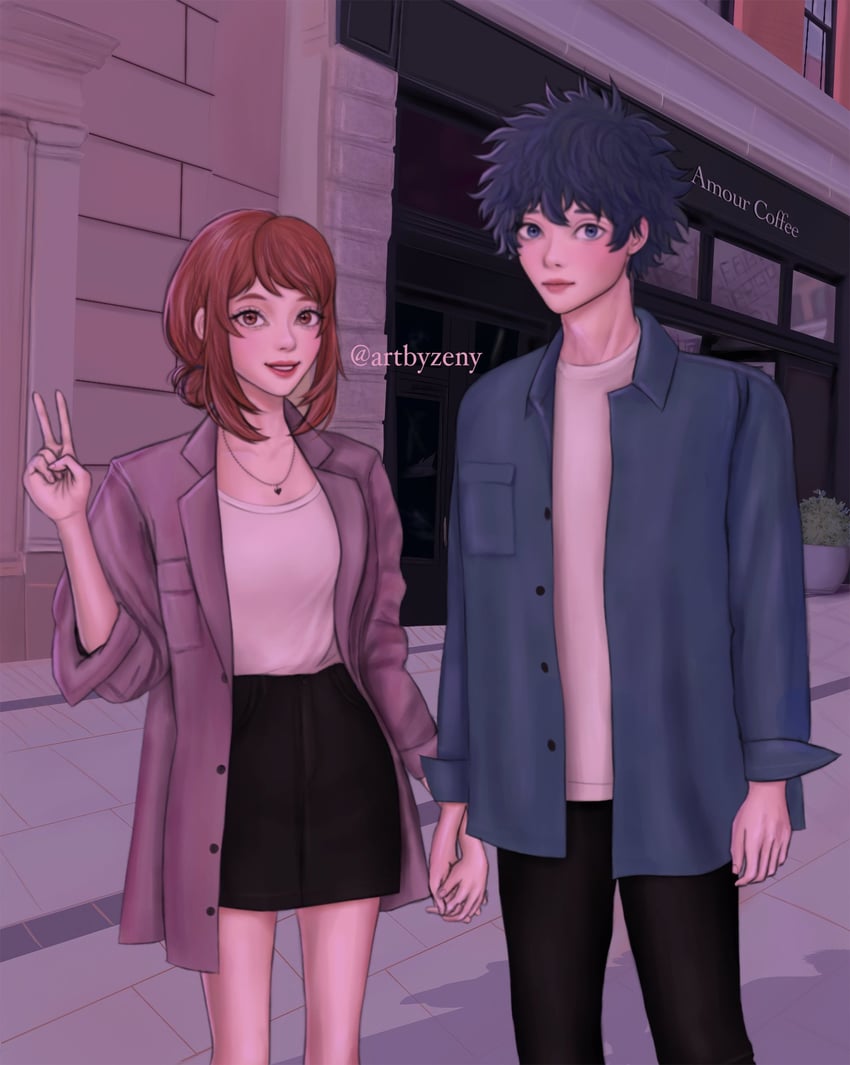 midoriya izuku and uraraka ochaco (boku no hero academia) drawn by zeny