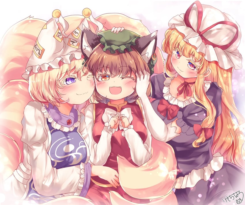 yakumo yukari, yakumo ran, and chen (touhou) drawn by kemo_chiharu