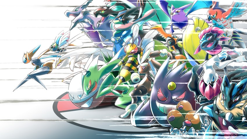 lucario, gengar, lopunny, greninja, darkrai, and 14 more (pokemon) drawn by shiitake_taishi