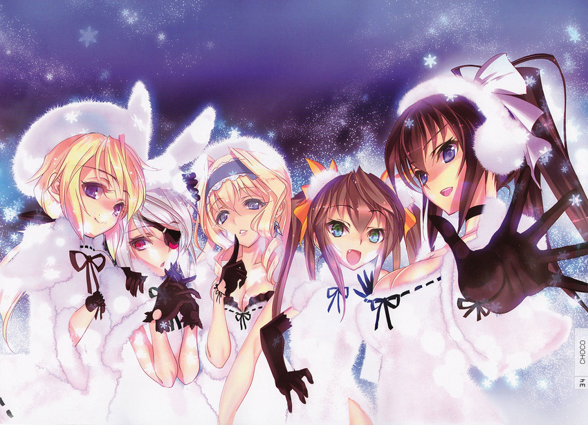 charlotte dunois, cecilia alcott, laura bodewig, shinonono houki, and huang lingyin (infinite stratos) drawn by choco_(chocolate_shop)