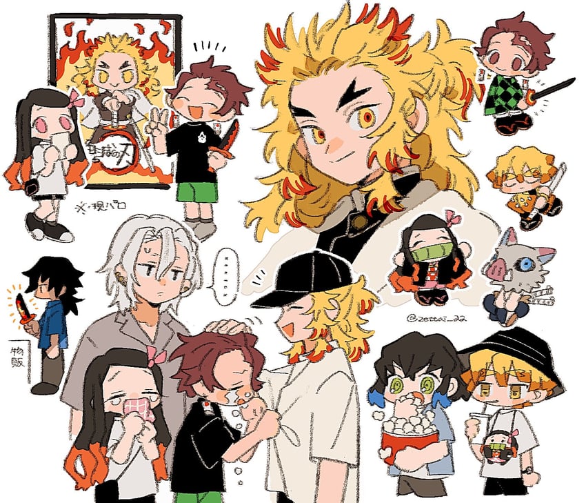 kamado nezuko, kamado tanjirou, rengoku kyoujurou, tomioka giyuu, agatsuma zenitsu, and 2 more (kimetsu no yaiba) drawn by zettai_22
