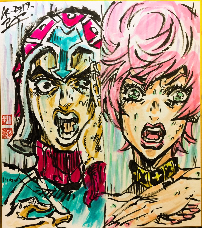 guido mista and trish una (jojo no kimyou na bouken and 2 more) drawn by ashiya_kouhei