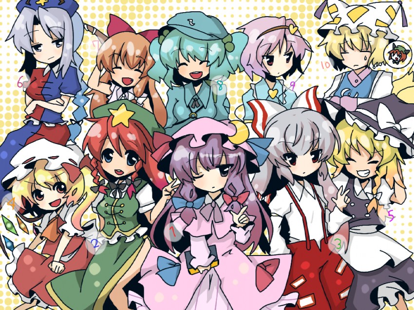kirisame marisa, flandre scarlet, patchouli knowledge, fujiwara no mokou, komeiji satori, and 6 more (touhou) drawn by kodamari