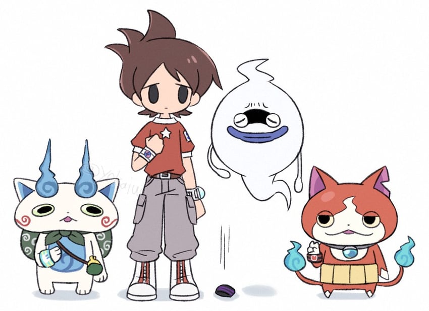 jibanyan, komasan, whisper, and amano keita (youkai watch) drawn by koko_ue