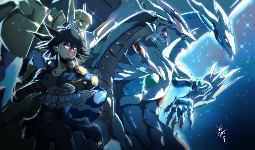 fudo yusei, stardust dragon, and shooting majestic star dragon (yu-gi-oh! and 1 more) drawn by vincent_graphic_art