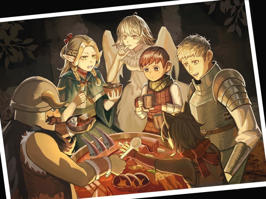 marcille donato, falin touden, laios touden, senshi, chilchuck tims, and 1 more (dungeon meshi) drawn by niao_de
