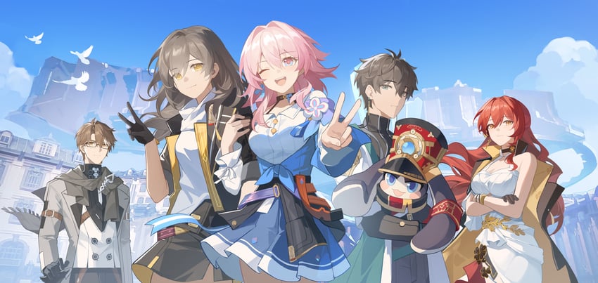 trailblazer, stelle, march 7th, dan heng, himeko, and 2 more (honkai and 1 more) drawn by fengtu_ad