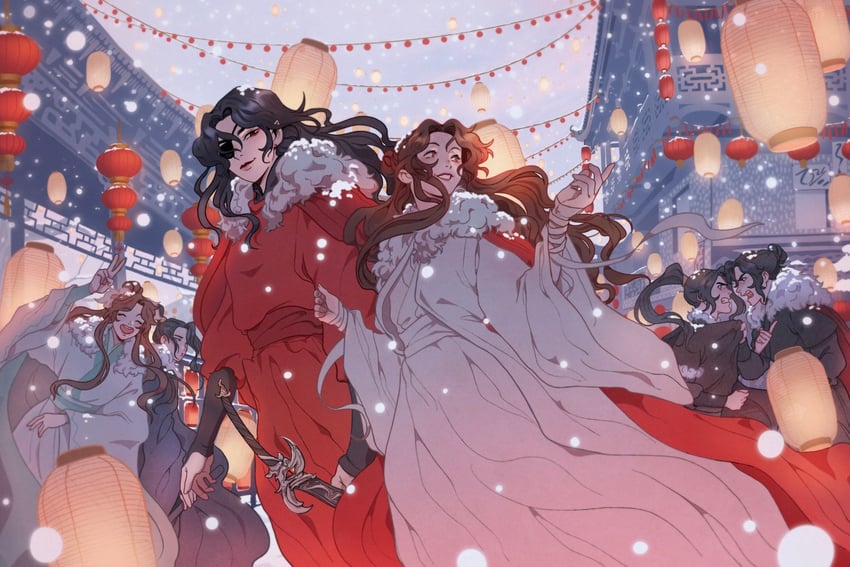 xie lian, hua cheng, shi qingxuan, mu qing, feng xin, and 1 more (tianguan cifu) drawn by djuney9
