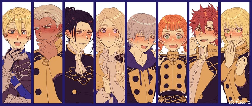 dimitri alexandre blaiddyd, ingrid brandl galatea, sylvain jose gautier, mercedes von martritz, felix hugo fraldarius, and 3 more (fire emblem and 1 more) drawn by f_ico_e