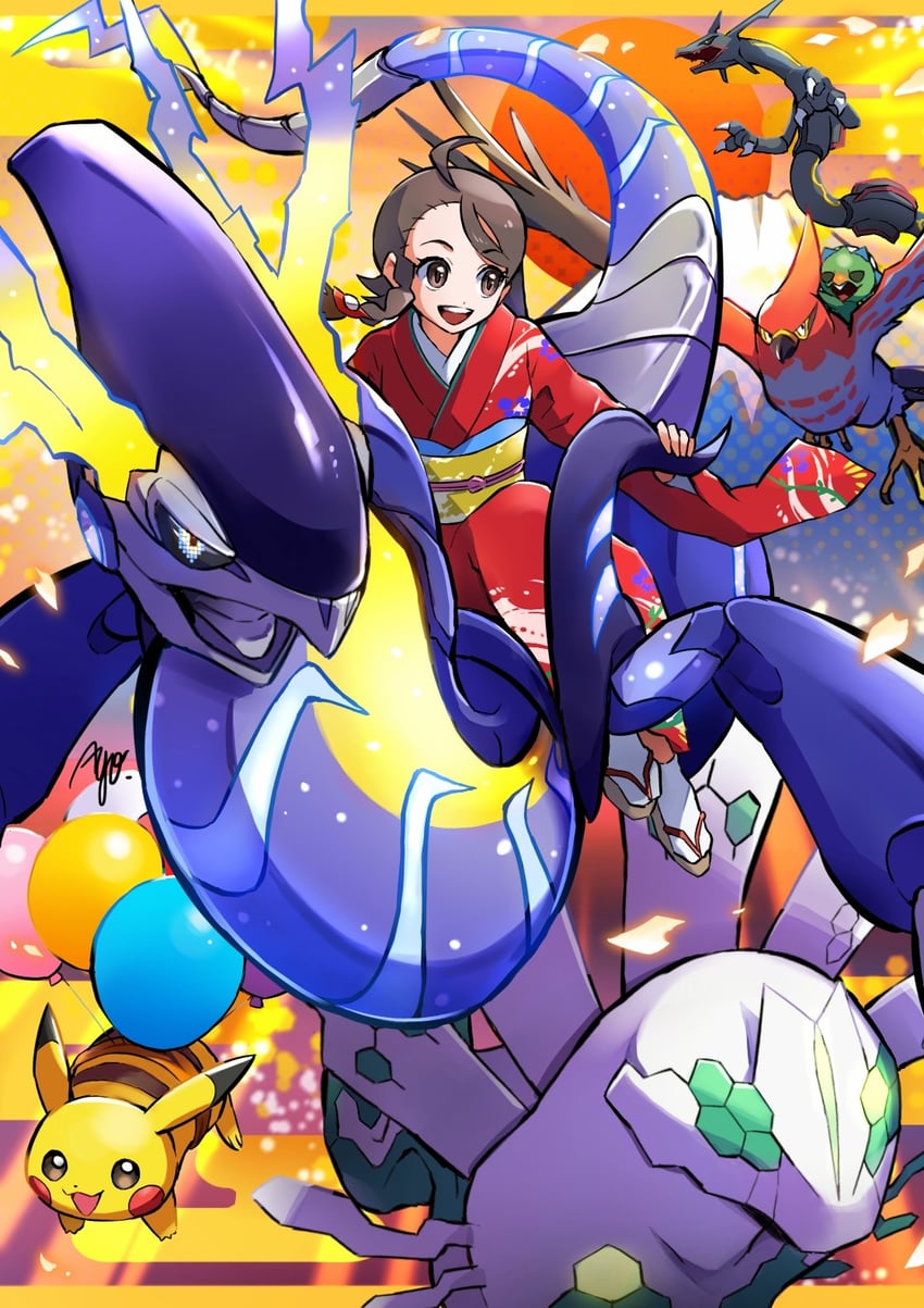 pikachu, juliana, rayquaza, miraidon, zygarde, and 2 more (pokemon and 1 more) drawn by ayo_(ayosanri009)