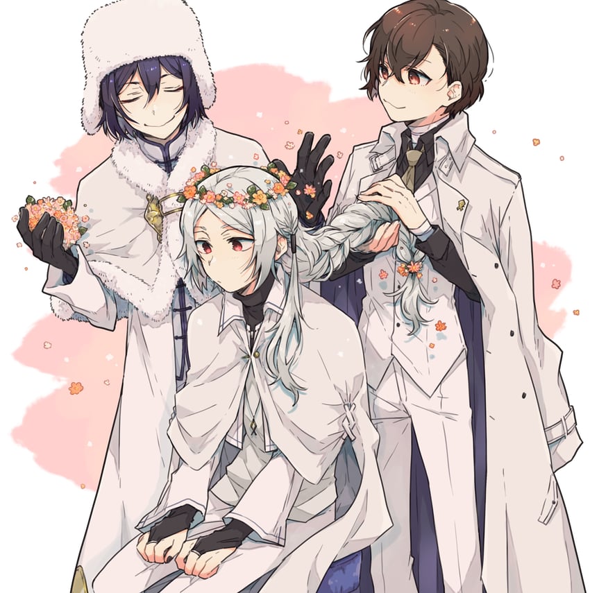 dazai osamu, fyodor dostoyevsky, and shibusawa tatsuhiko (bungou stray dogs) drawn by karinoaaa