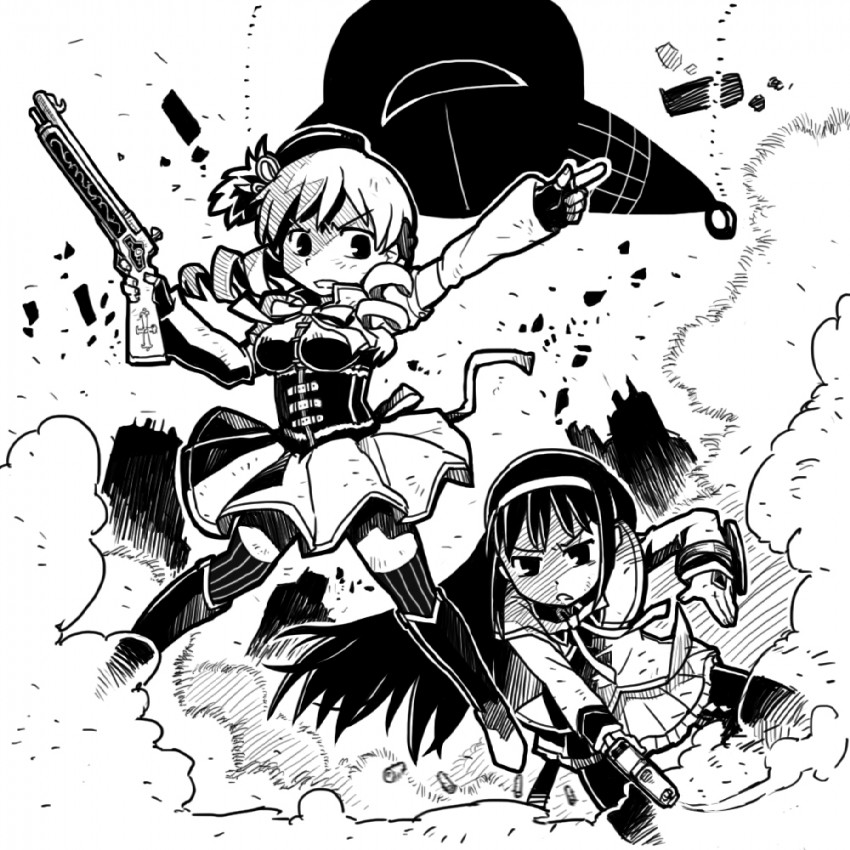 akemi homura, tomoe mami, and walpurgisnacht (mahou shoujo madoka magica) drawn by hobbang