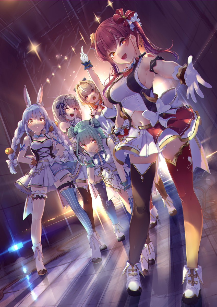 houshou marine, usada pekora, shirogane noel, uruha rushia, and shiranui flare (hololive) drawn by akasaai