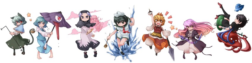 tatara kogasa, nazrin, hijiri byakuren, houjuu nue, toramaru shou, and 3 more (touhou and 1 more) drawn by toritora
