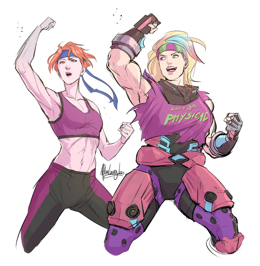 zarya, moira, and totally 80's zarya (overwatch and 1 more) drawn by afterlaughs