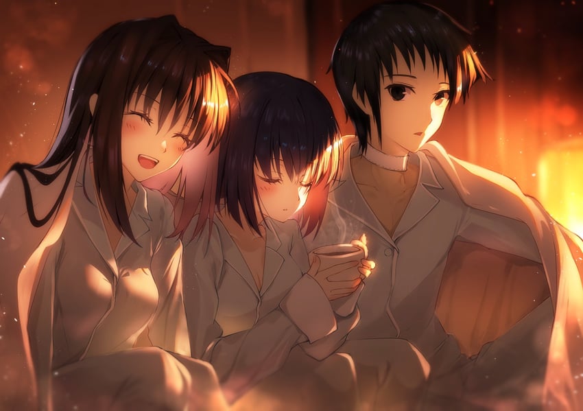 aozaki aoko, kuonji alice, and shizuki soujuurou (mahou tsukai no yoru) drawn by toomishou
