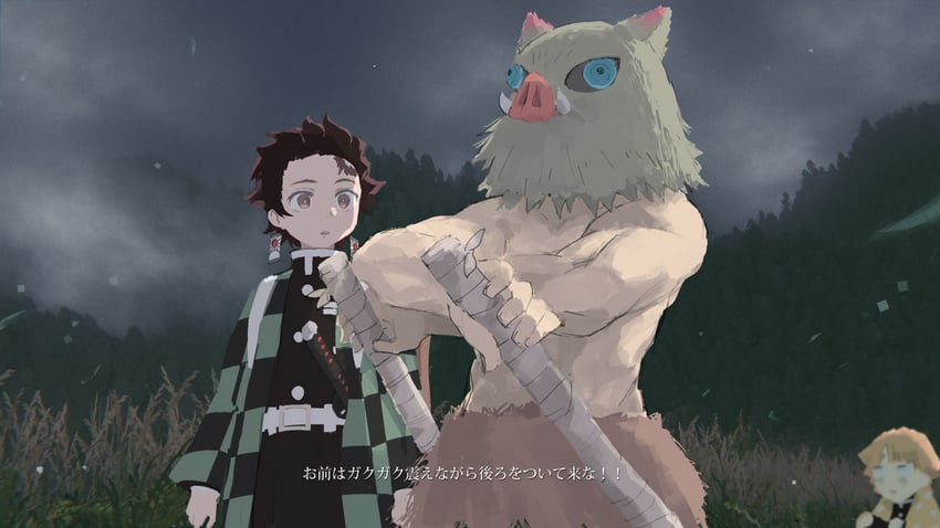kamado tanjirou, agatsuma zenitsu, and hashibira inosuke (kimetsu no yaiba and 1 more) drawn by samidare_(hoshi)