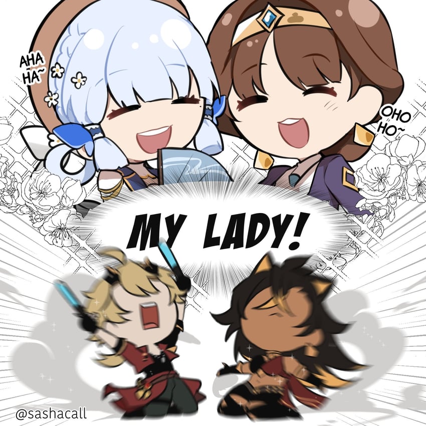 kamisato ayaka, dehya, thoma, and dunyarzad (genshin impact) drawn by sashacall