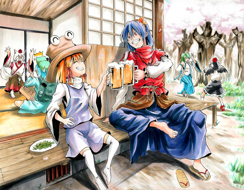 kochiya sanae, shameimaru aya, inubashiri momiji, moriya suwako, kawashiro nitori, and 2 more (touhou) drawn by koji_(koji-a)