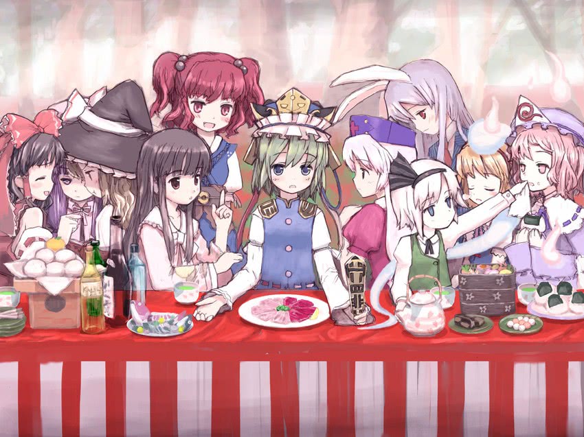 hakurei reimu, kirisame marisa, konpaku youmu, alice margatroid, patchouli knowledge, and 6 more (touhou and 1 more) drawn by zakone