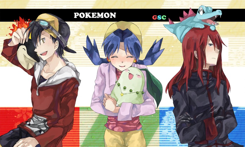 ethan, silver, kris, cyndaquil, chikorita, and 1 more (pokemon and 1 more) drawn by negocan
