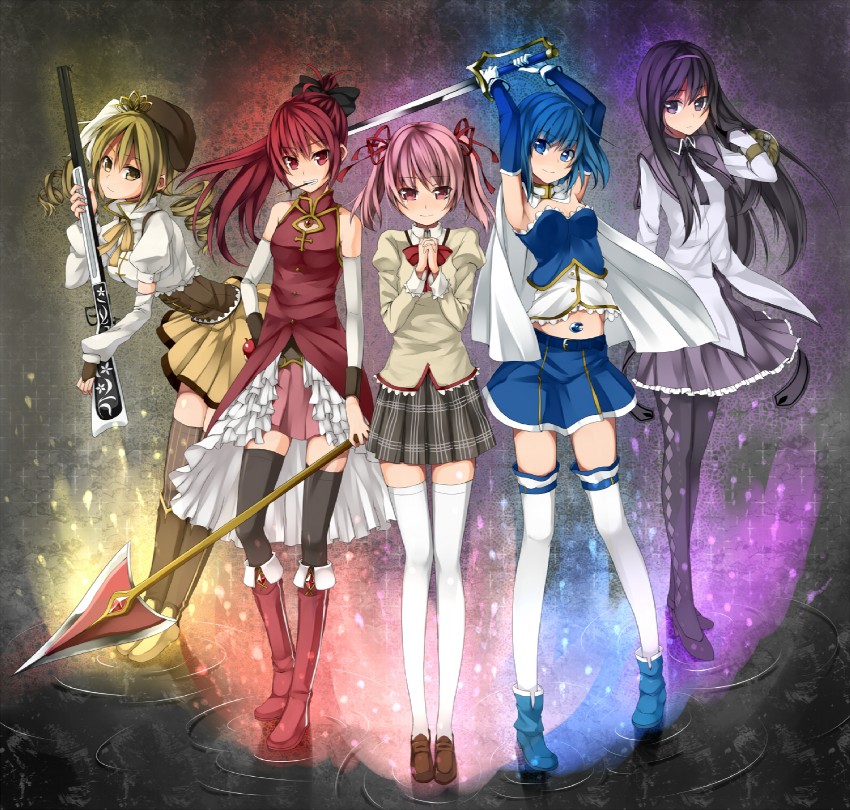 akemi homura, kaname madoka, miki sayaka, sakura kyoko, and tomoe mami (mahou shoujo madoka magica) drawn by unasaka_ryou