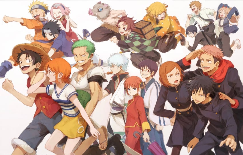 nami, monkey d. luffy, power, denji, roronoa zoro, and 13 more (one piece and 7 more) drawn by oekakiboya