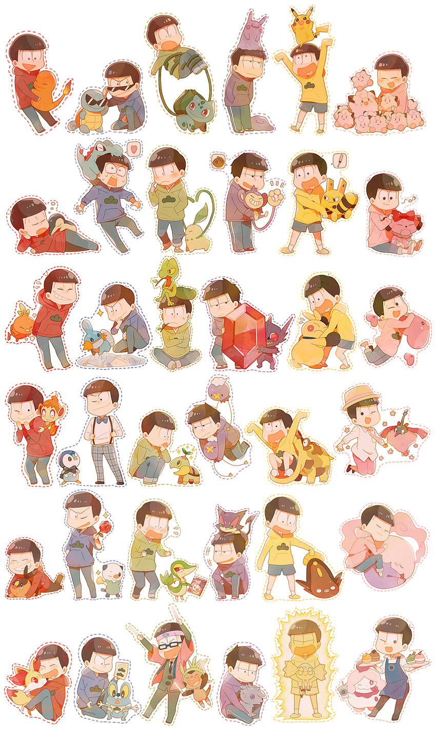 pikachu, piplup, bulbasaur, matsuno osomatsu, matsuno karamatsu, and 38 more (pokemon and 3 more) drawn by mochi730