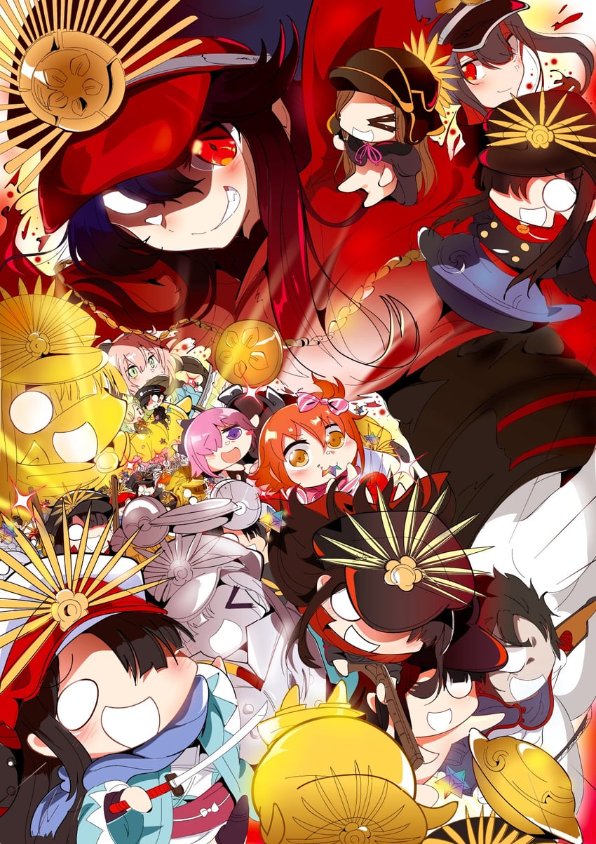 mash kyrielight, fujimaru ritsuka, okita souji, oda nobunaga, oda nobukatsu, and 4 more (fate and 1 more) drawn by aloe_(kenkou3733)
