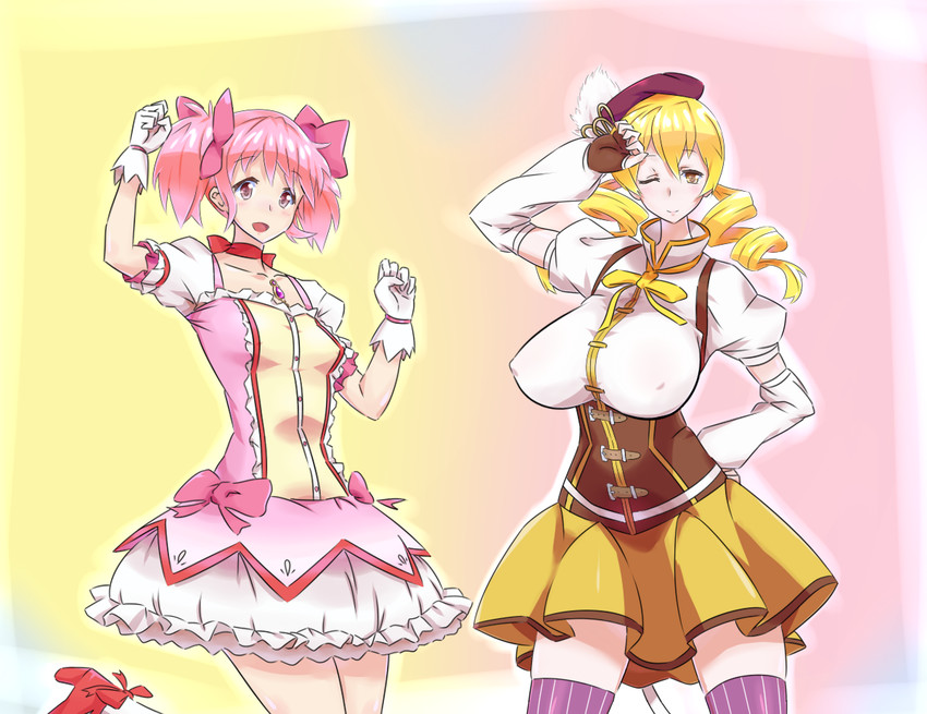 kaname madoka and tomoe mami (mahou shoujo madoka magica) drawn by mizuumi_(bb)