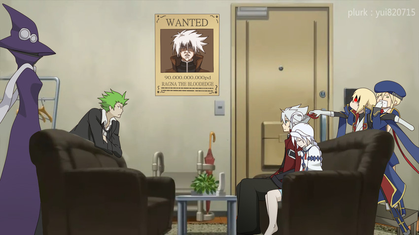 noel vermillion, ragna the bloodedge, nu-13, jin kisaragi, hazama, and 2 more (blazblue) drawn by yuinya_(chicken5536)