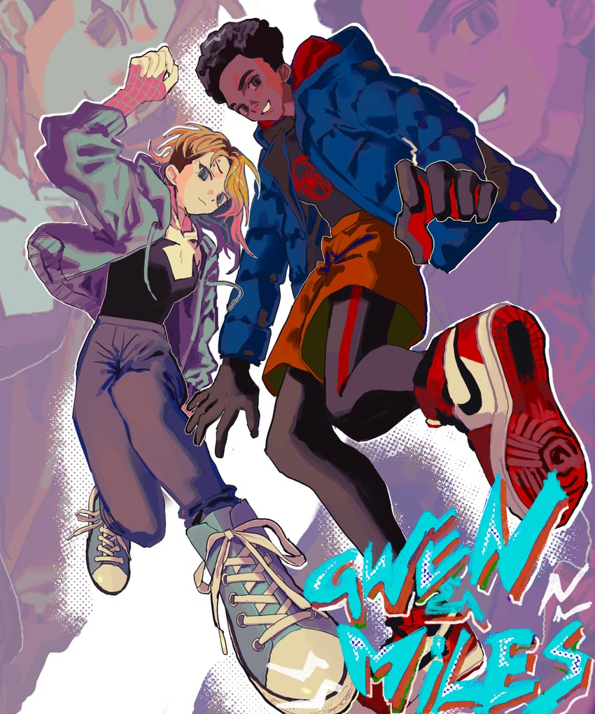 gwen stacy, miles morales, and spider-man (marvel and 3 more) drawn by tami_tome_mo