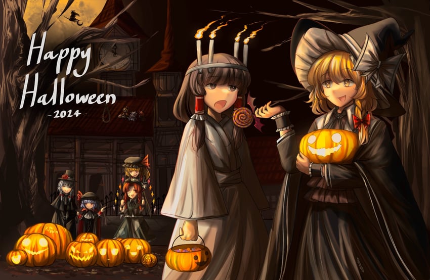 hakurei reimu, kirisame marisa, remilia scarlet, flandre scarlet, izayoi sakuya, and 5 more (touhou) drawn by there2007
