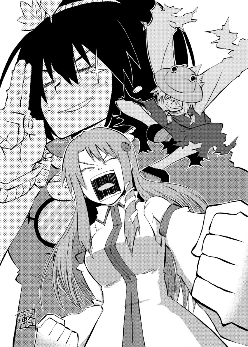kochiya sanae, moriya suwako, and yasaka kanako (touhou) drawn by karu_(ishiken)