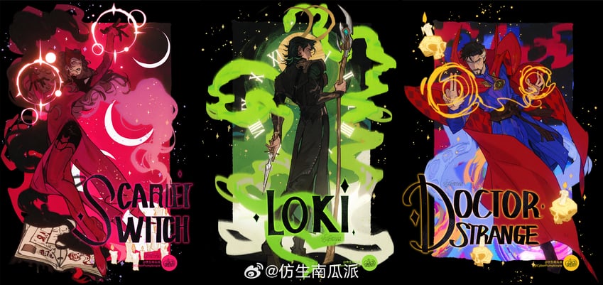 loki, wanda maximoff, scarlet witch, and doctor strange (marvel and 1 more) drawn by cyberpumpkinpie