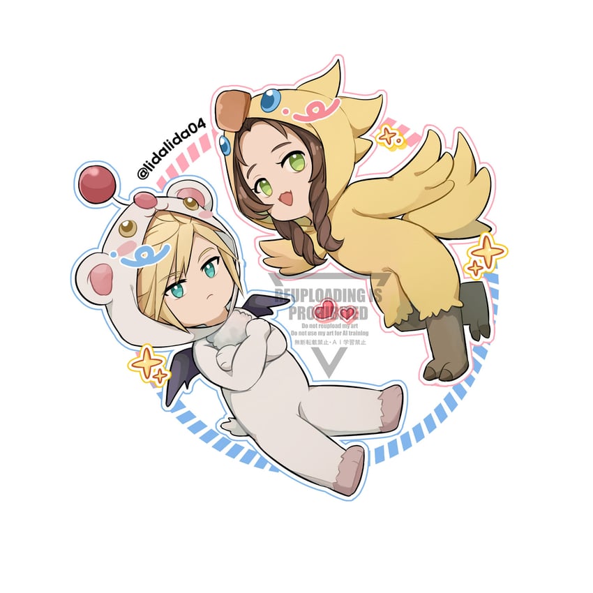 cloud strife, aerith gainsborough, and moogle (final fantasy and 1 more) drawn by lida_(lidalida04)