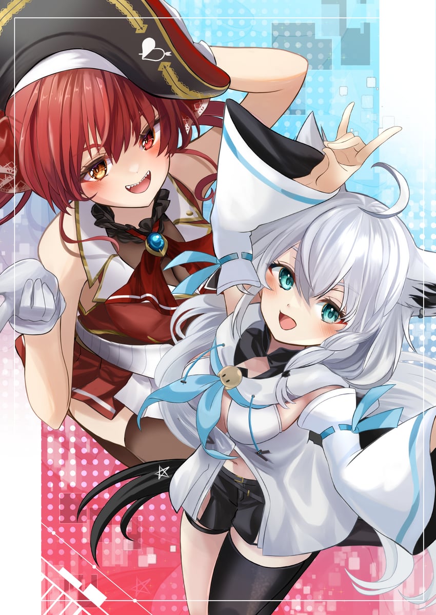 houshou marine and shirakami fubuki (hololive) drawn by mikazuki_cocolo