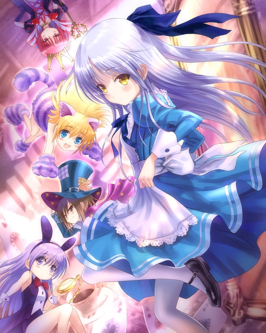 alice, tachibana kanade, white rabbit, cheshire cat, mad hatter, and 5 more (angel beats! and 1 more) drawn by goto_p