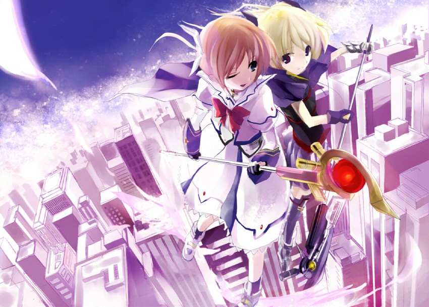 fate testarossa, takamachi nanoha, raising heart, and bardiche (lyrical nanoha and 2 more) drawn by wagashi_(okashina)