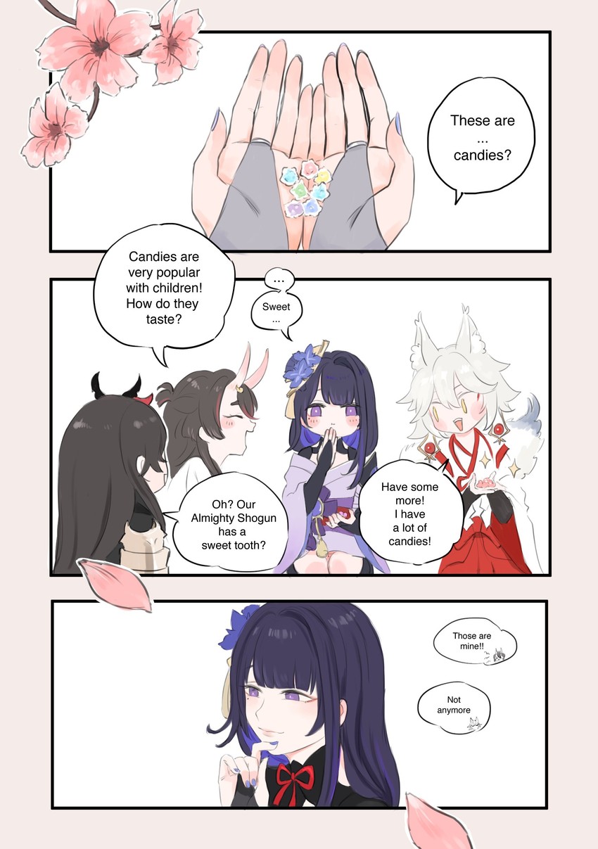 raiden shogun, kitsune saiguu, chiyo, and sasayuri (genshin impact) drawn by finn.