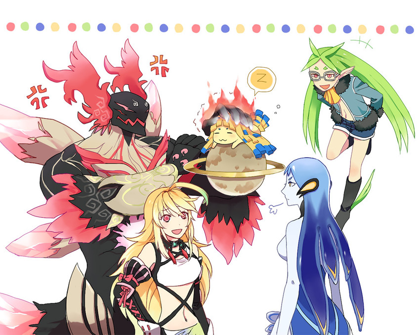 milla maxwell, gnome, undine, sylph, and ifrit (tales of and 1 more) drawn by sen_nai