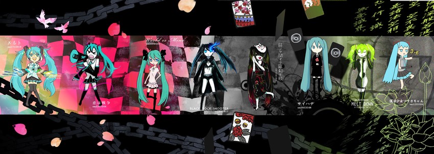 hatsune miku, black rock shooter, and sowaka-chan (vocaloid and 8 more) drawn by mokeo
