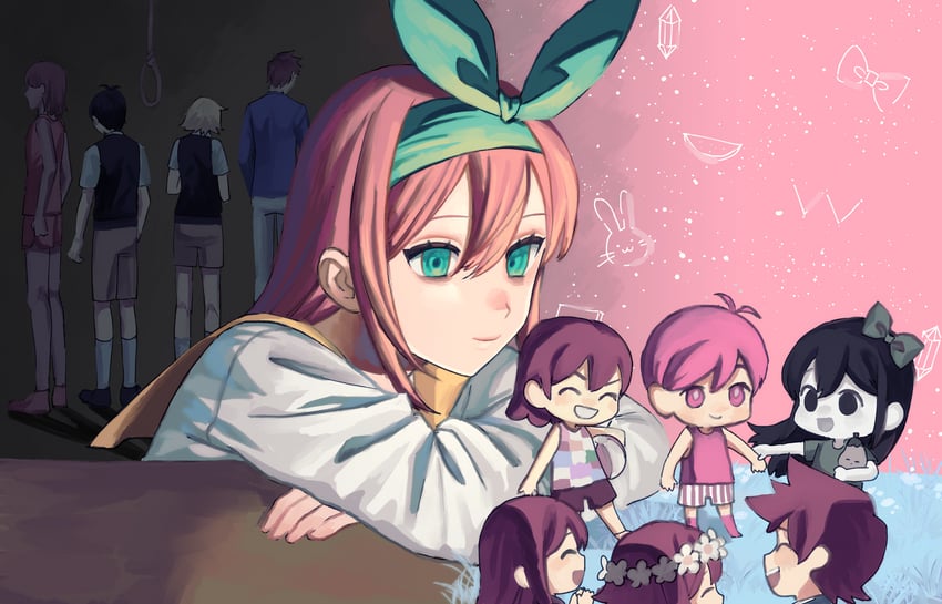 sunny, omori, basil, aubrey, kel, and 4 more (omori) drawn by shousan_(hno3syo)