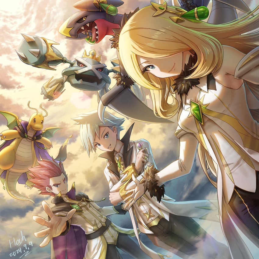 garchomp, steven stone, dragonite, metagross, cynthia, and 1 more (pokemon and 1 more) drawn by hooh_lin